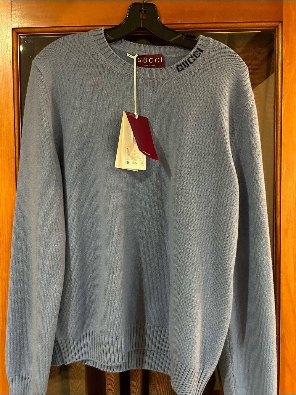 Men's Gucci Light Blue Men's felted wool knit Crewneck Sweater size XL Italy